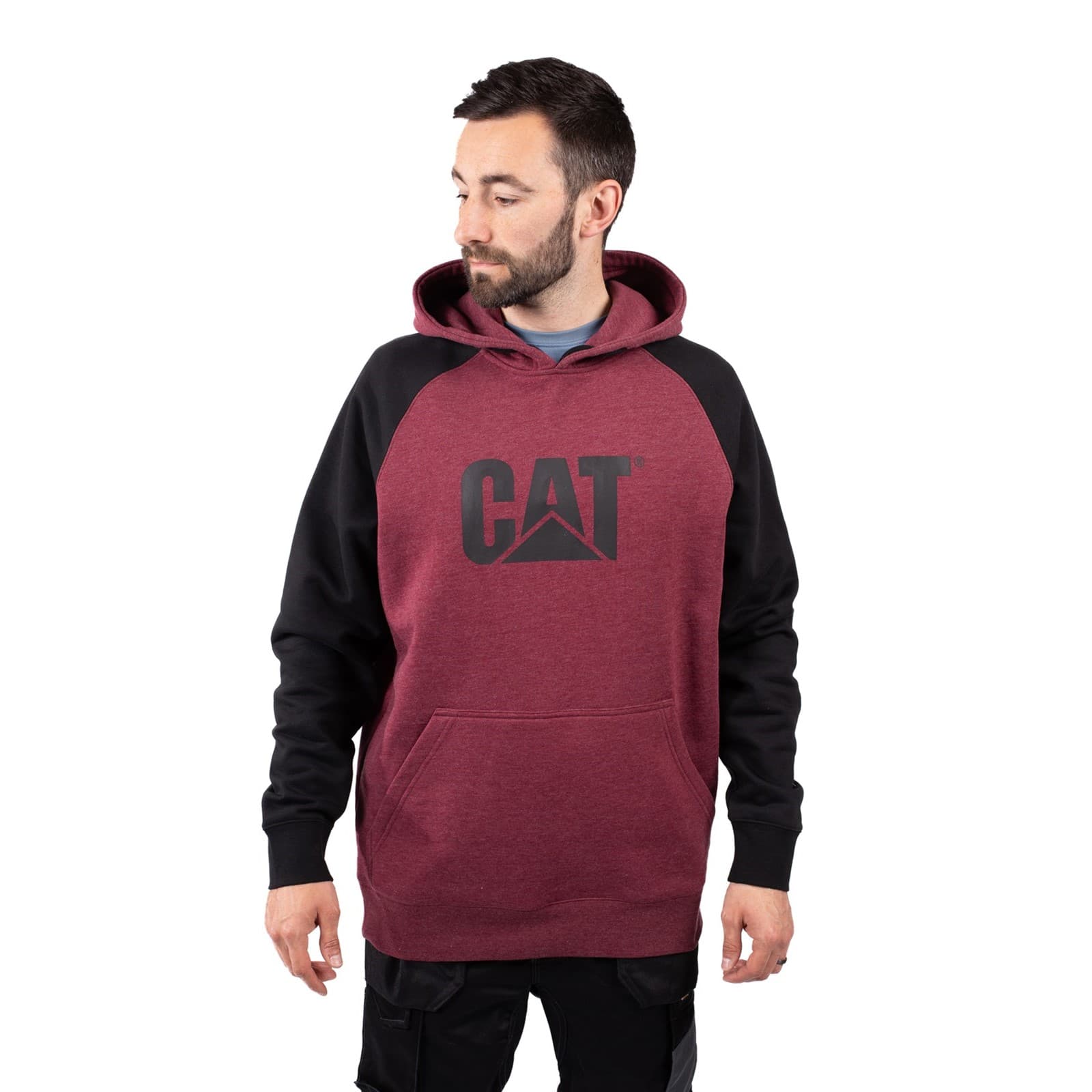 Caterpillar Caterpillar Raglan Hooded Sweatshirt - Carmenere Heather/Black in Carmenere Heather/Black